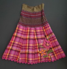 Oilily Embroidered Plaid Sweater Skirt Flower Size XS Extra Small Pink Yellow