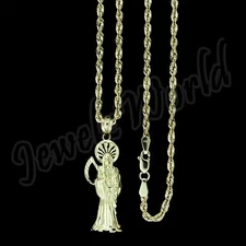 10K Yellow Gold Santa Muerte Grim Reaper Pendant & 2.5mm Rope Chain Necklace