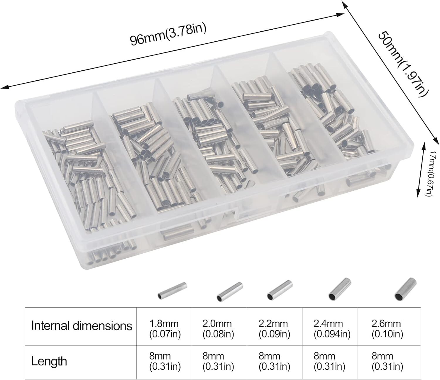 250pcs Single Barrel Crimp Sleeves Kit, Copper Tube, Fishing Line