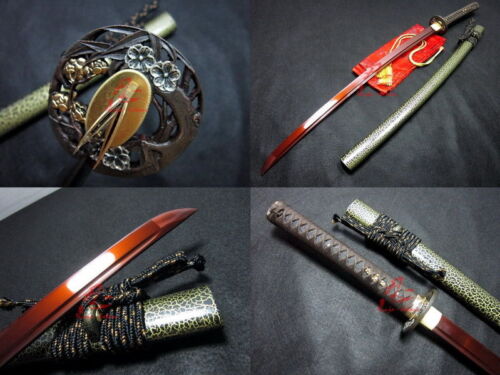 9260 spring steel jp red katana sword plum blossom tsuba shaprened battle ready - Afbeelding 1 van 12