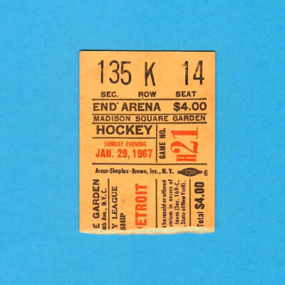 Ticket Stub Detroit Red Wings at New York Rangers Jan 29, 1967 OLD