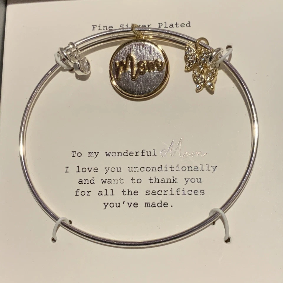 🍒 Stainless Steel "Mom" Pearl Cubic Zirconia Charm Bangle Bracelet - Gold - Image 3 of 3