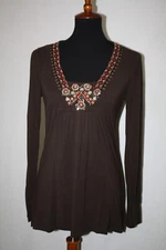LOFT Sz S Dark Brown Long Sleeve Rayon Knit Pullover Top Embroidered Beaded