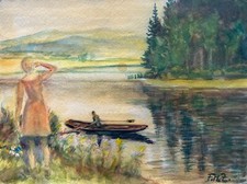 Acquerello Donna Al Fiume E Uomo In Barca F.M.Z. Anni 1950 Germania