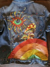 Hand Painted Denim Jean Jacket - Psychedelic Mushrooms And Rainbows - Gap -wms L