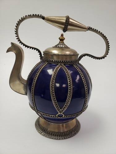 Moroccan 11" Teapot Kettle Cobalt Blue Silverplate Bird Gooseneck Spout Ornate - Picture 5 of 12