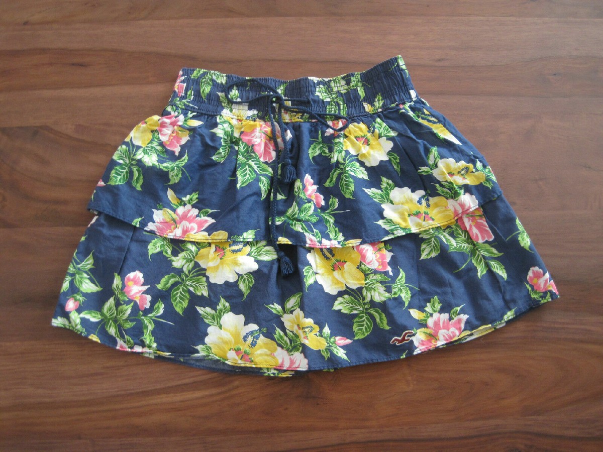 New Hollister Pink Navy Blue Turquoise Floral Tropical Tiered Mini Skirt S