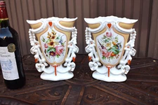 PAIR antique french vieux paris porcelain floral vases