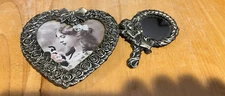 Vtg Pewter Heart Picture Frame Victorian Bow W/MINI HAND HELD CHERUB MIRROR