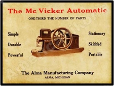 1910 Alma Mfg. Co. McVicker Gas Engines New Metal Sign: Alma, Michigan
