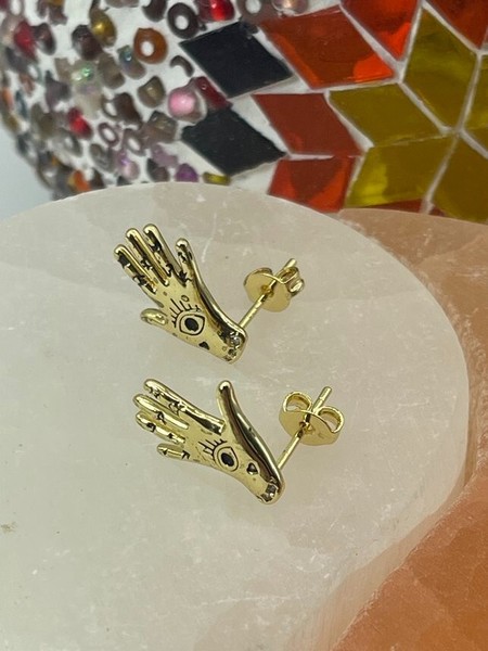 Alternate view of Stud Evil Eye Minimalist Earrings Fancy Hand Cubic Earrings Gold Plated