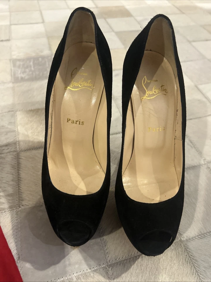 Zapatos de salón Christian Louboutin Shameless 160 Peep Toe plataforma 38,5 gamuza negra Foto 2 de 4