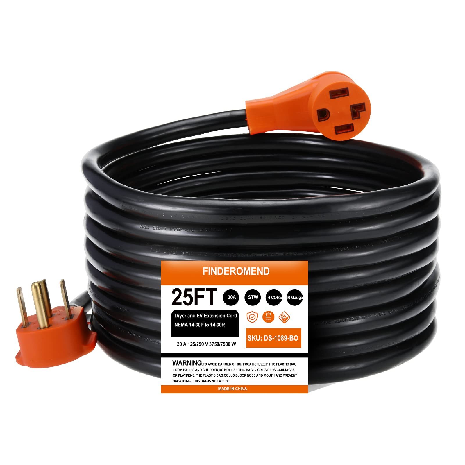 EV and Dryer Extension Cord,30 Amp 4 Prong NEMA 1430P to 1430R 125