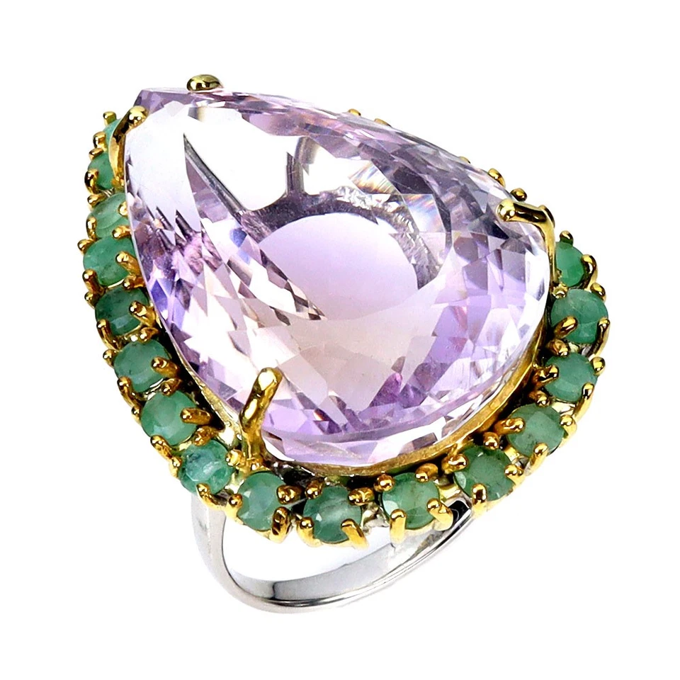 925 Anello Argento Sterling Pera Ametrino 57ct Smeraldo Mano Gemma Misura 8 - Immagine 2 di 4