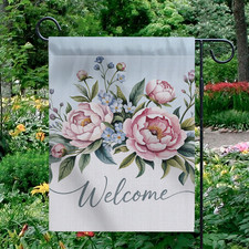 Welcome Garden Flag Pink Peony Flower Bouquet Yard Decor Outdoor Banner Vertical