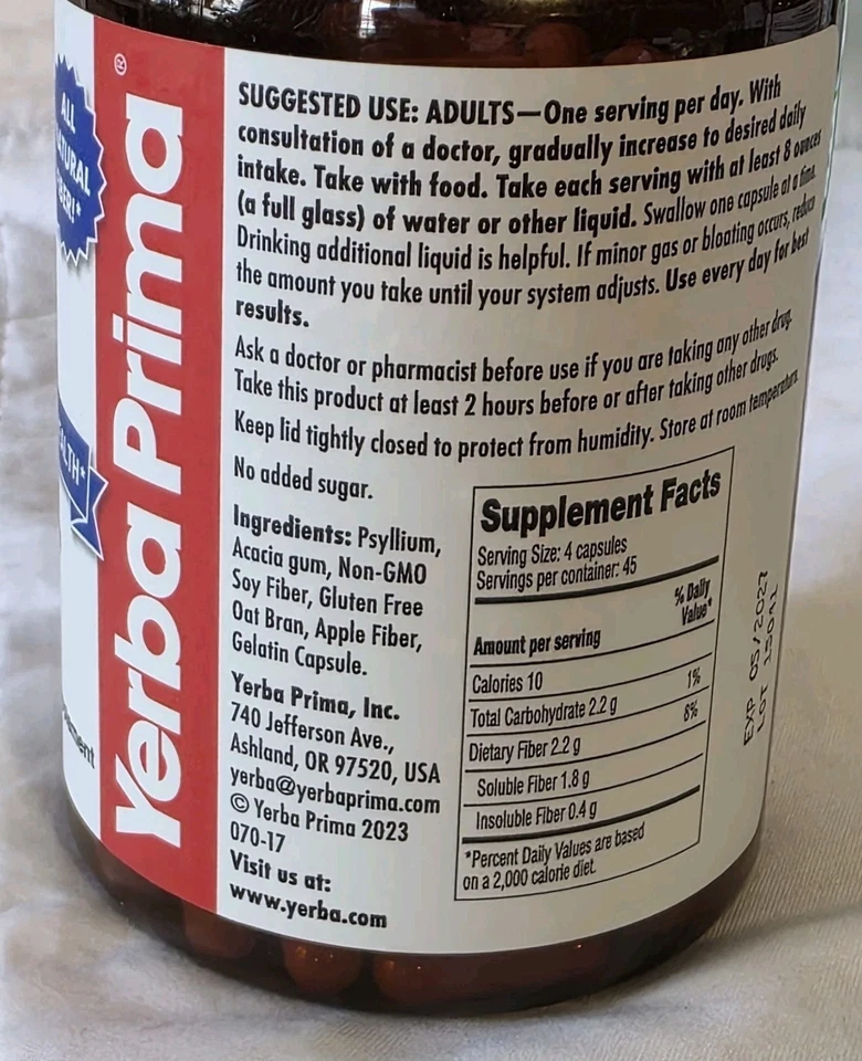 Yerba Prima Daily Fiber Caps 180 cápsulas suave natural sem glúten 05/2027 - Imagem 4 de 4