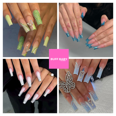 French Square False Press On Short 4 Style Nails Full Cover Shimmer Art 24 Stück