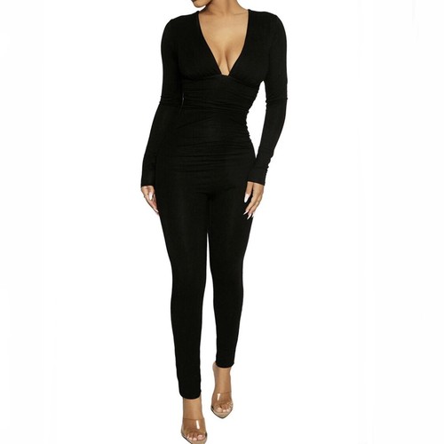 Naked Wardrobe Gathered Deep V-Neck Long Sleeve Jumpsuit Black Size S - Picture 2 of 7