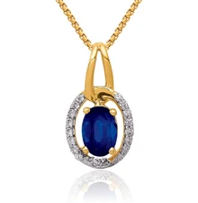 14K Solid Yellow Gold Diamond Blue Sapphire Halo Necklace