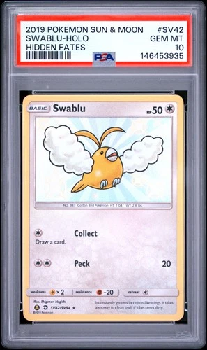 2019 POKEMON SUN & MOON HIDDEN FATES #SV42 SWABLU-HOLO PSA 10