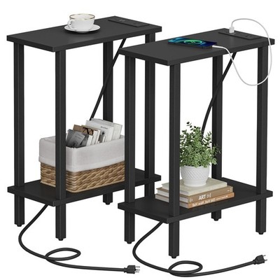 Small End Table with Charging Station, Narrow Side Table with USB Ports and O...