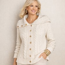 Lands End Womens XL Fisherman Chunky Cable Knit Button Sweater Off White Ivory