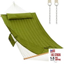 Outdoor Double Hammock with Hardwood Spreader Bars, Large Rope Hammock Green