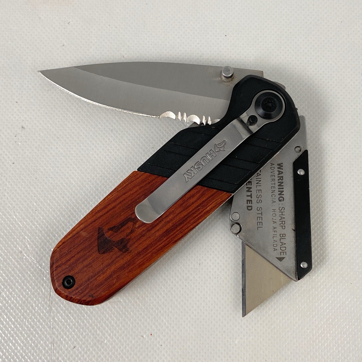 🌟Husky 2-in-1 Wood Handle EDC Pocket Knife & Utility Razor Box