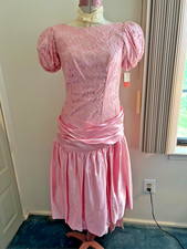 NEW-Unworn Vintage 80s pink party midi party dress w puff sleeves bow - size M