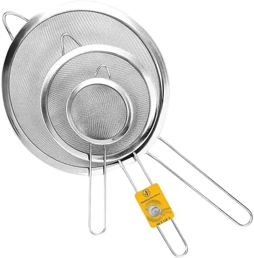 Sieves and Strainers Set - Metal Sieve Stainless Steel, Pack of 3, Silver