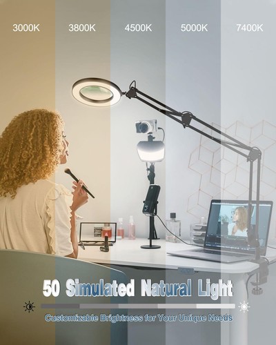 Magnifying Glass Desk Lamp with 3-Section Swing Arm and Big Clamp, Magnifying... - Picture 3 of 5