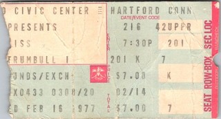 1977 KISS CONCERT TICKET HARTFORD CIVIC CENTER FEB. 16