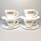 VTG  Set of 4 Fire KingMilk Glass Cups & Saucers Tulip Flower MCM Excellent