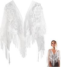 White Floral Lace Shawl Wrap Tassel Fringe Triangle Lace Shawls and Wraps