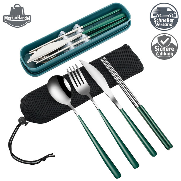 Reisebesteck Set 4-Teilig Edelstahl Mit Aufbewahrungskoffer Gabel LöFfel Messer-image