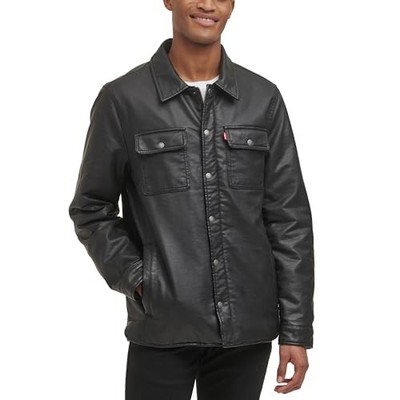 Levi's Men's Buffed Cow Faux Leather Hooded Trucker Jacket - New Black - Small