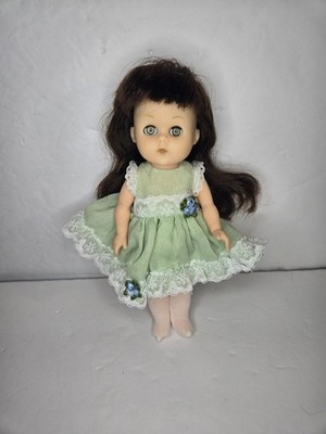 Ginny Doll Vogue Dolls Brunette Sleep Eyes Green Dress stain on arm
