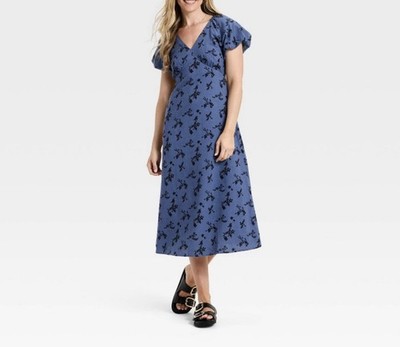 Universal Thread Midi Dress Puff Sleeves Blue Floral Puff Sleeves Size Small NWT
