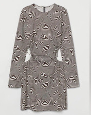 NWT H&M Divided Zebra Swirl Print Cutout Mini Dress Brown White Long Sleeve M