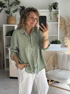Wiya Oversized Bluse Leinenbluse SALBEIGRÜN zum Krempeln Knöpfe Onesize (O3)