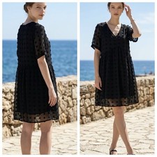 ePretty Women Sz M Black Textured Dot V-Neck Chiffon lined Dress puff sleeve