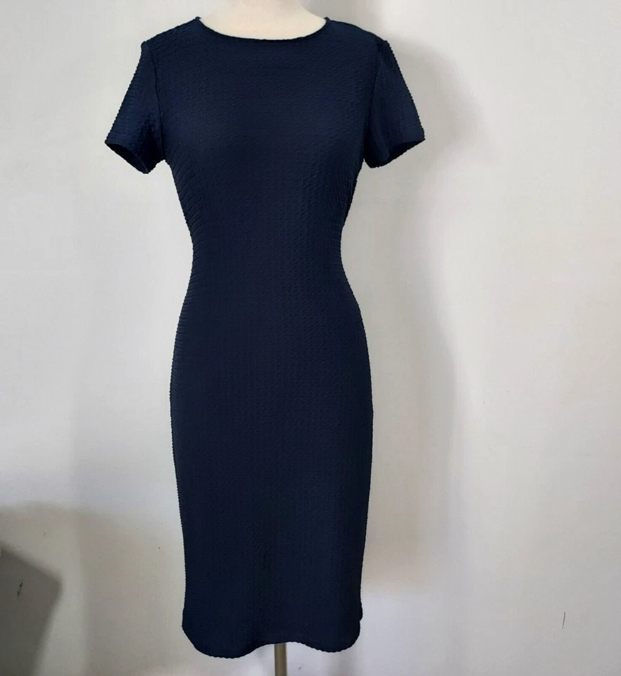 Vestido R&K Midi Funda Texturizada Elastizada Mujer Talla Pequeña Corbata Cinturón Azul Marino Foto 2 de 4