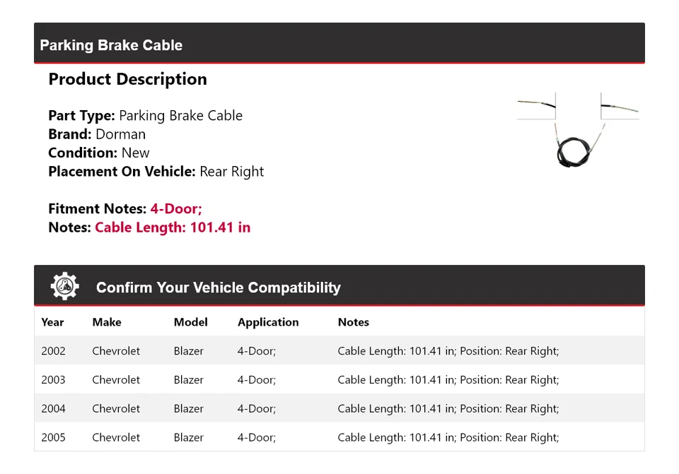 Cable de freno de estacionamiento trasero derecho 2003 para Chevrolet Blazer 2002-2005 4 puertas Dorman Foto 2 de 4