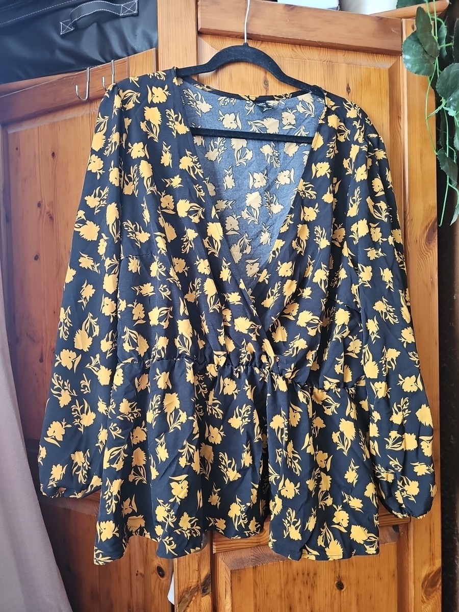 Shein Curve Black Orange Floral Wrap Style Blouse Top Plus Size