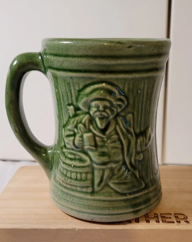 Vintage McCoy 1920's Buccaneer Green Pirate Stoneware Mug Cup 5” Tall