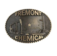 Vintage Fremont Chemical Riverton Wyoming Brass Belt Buckle Award Design Medals