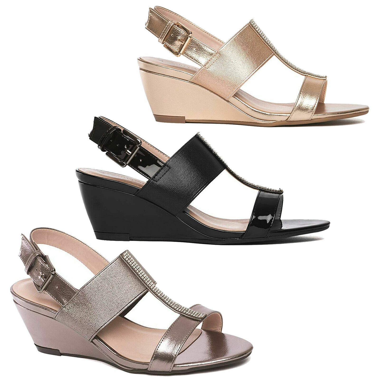 LADIES COMFORT PLUS WEDGE WIDER FIT T-BAR SANDALS,PEWTER BLACK 3-8 KATIE |  eBay