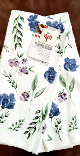 KITCHEN AID KITCHEN TOWELS (2) BLUE GREEN FLOWERS TERRY LINED 100% COTTON NWT - Picture 1 of 11