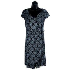 Fresh Produce M Dress Black Shell print faux wrap rayon stretch knit