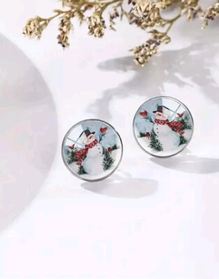Aretes De Botón Hipoalergénicos  Plateado Regalo De Navidad Muñeco De Nieve 